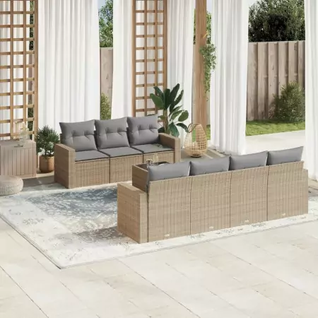 Set Divano da Giardino 8 pz con Cuscini Beige in Polyrattan