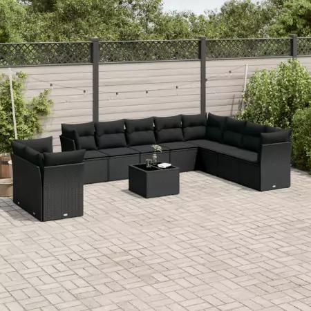 Set Divani da Giardino 11 pz con Cuscini in Polyrattan Nero