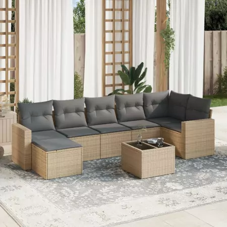 Set Divano da Giardino 8 pz con Cuscini Beige in Polyrattan