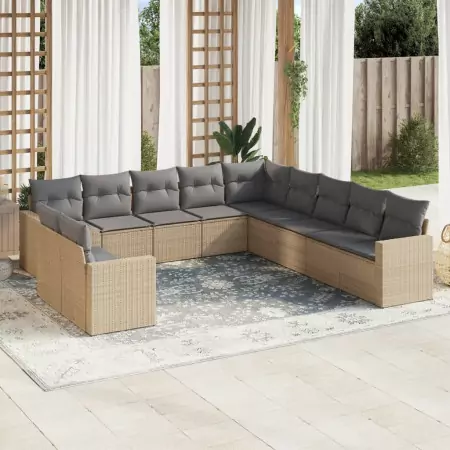 Set Divani da Giardino 11 pz con Cuscini Beige in Polyrattan