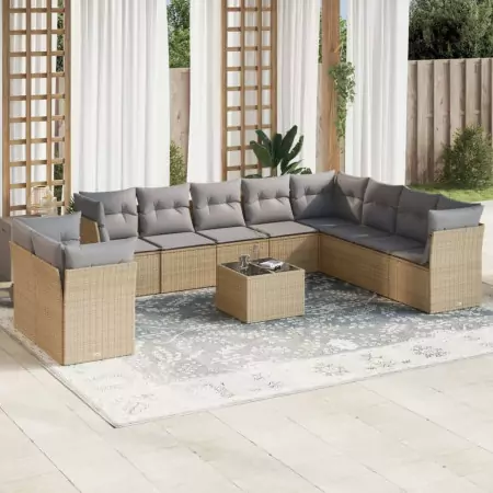 Set Divani da Giardino 11 pz con Cuscini Beige in Polyrattan