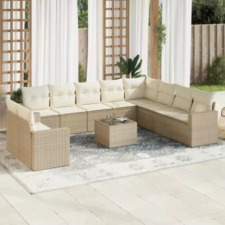 Set Divani da Giardino 11 pz con Cuscini Beige in Polyrattan