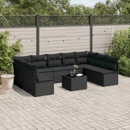 Set Divani da Giardino 10pz con Cuscini in Polyrattan Nero