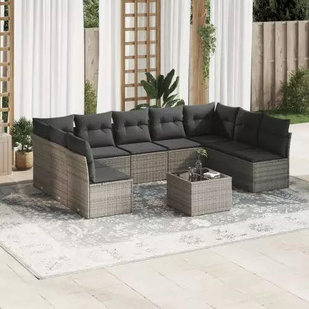 Set Divano da Giardino 10 pz con Cuscini Grigio in Polyrattan