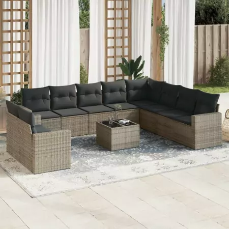 Set Divani da Giardino 11 pz con Cuscini in Polyrattan Grigio