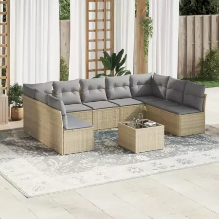 Set Divano da Giardino 10 pz con Cuscini Beige in Polyrattan