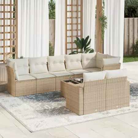 Set Divano da Giardino 9 pz con Cuscini Beige in Polyrattan