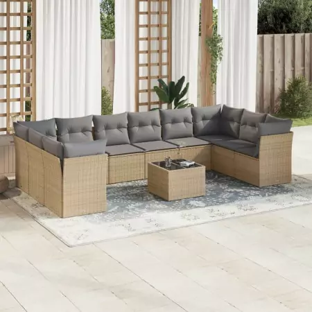 Set Divani da Giardino 11 pz con Cuscini Beige in Polyrattan