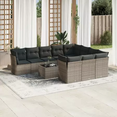 Set Divani da Giardino 11 pz con Cuscini in Polyrattan Grigio