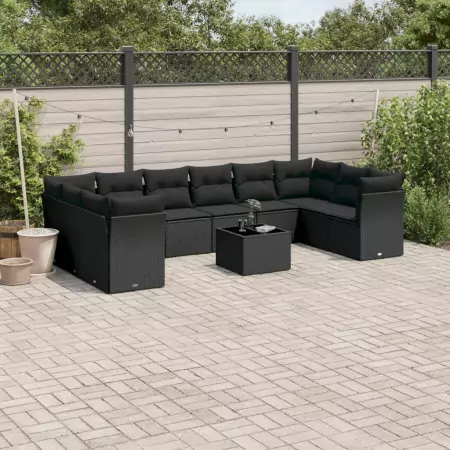 Set Divani da Giardino 11 pz con Cuscini in Polyrattan Nero