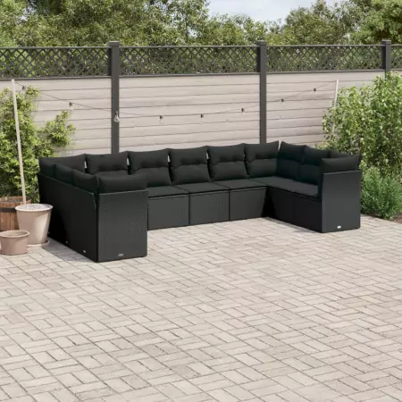 Set Divani da Giardino 10pz con Cuscini in Polyrattan Nero