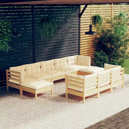 Set Divani da Giardino 10 pz con Cuscini Crema Massello di Pino