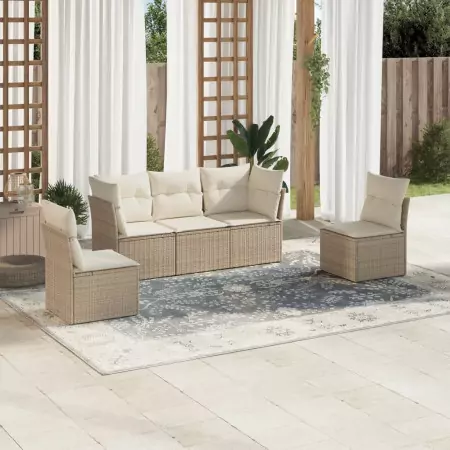 Set Divano da Giardino 5 pz con Cuscini Beige in Polyrattan