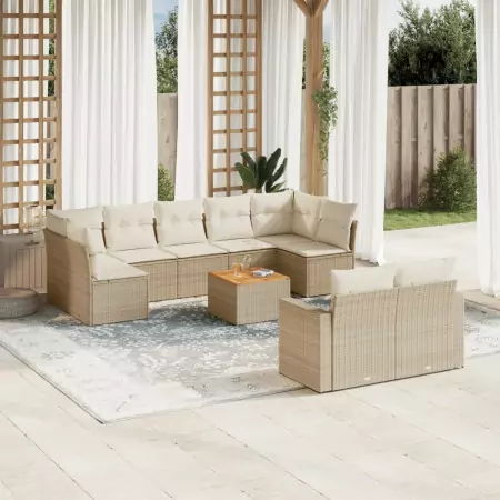 Set Divano da Giardino 10 pz con Cuscini Beige in Polyrattan