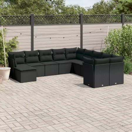 Set Divani da Giardino 11 pz con Cuscini in Polyrattan Nero