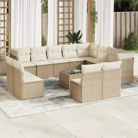 Set Divano da Giardino 13 pz con Cuscini Beige in Polyrattan