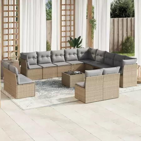 Set Divani da Giardino 14pz con Cuscini in Polyrattan Beige