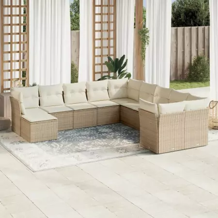 Set Divani da Giardino 11 pz con Cuscini Beige in Polyrattan