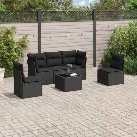 Set Divano da Giardino 6 pz con Cuscini Nero in Polyrattan