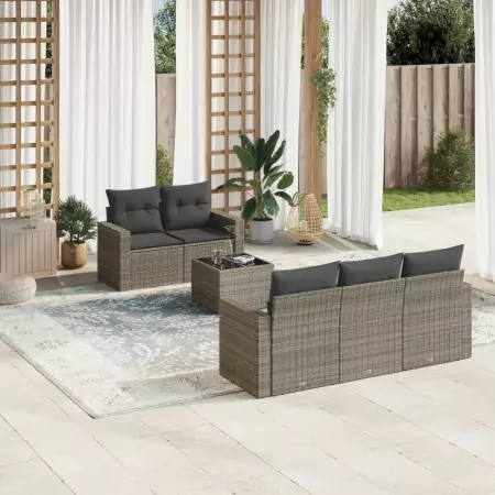 Set Divano da Giardino 6 pz con Cuscini Grigio in Polyrattan