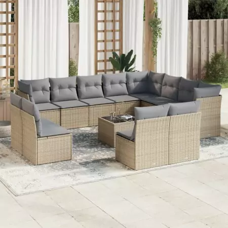 Set Divano da Giardino 13 pz con Cuscini Beige in Polyrattan