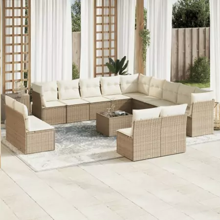 Set Divani da Giardino 14pz con Cuscini in Polyrattan Beige