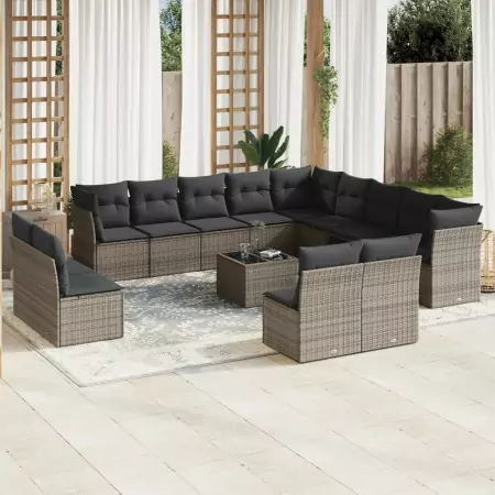 Set Divani da Giardino 14pz con Cuscini in Polyrattan Grigio