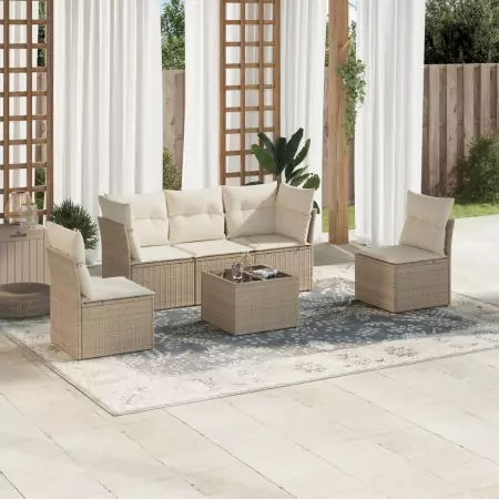 Set Divano da Giardino 6 pz con Cuscini Beige in Polyrattan