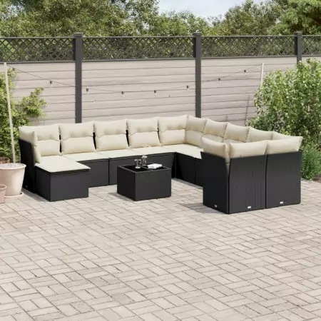 Set Divani da Giardino 12 pz con Cuscini Nero in Polyrattan