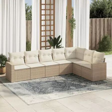 Set Divani da Giardino 7 pz con Cuscini Beige in Polyrattan