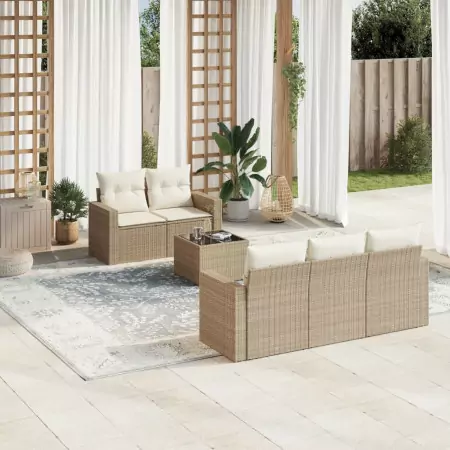 Set Divano da Giardino 6 pz con Cuscini Beige in Polyrattan