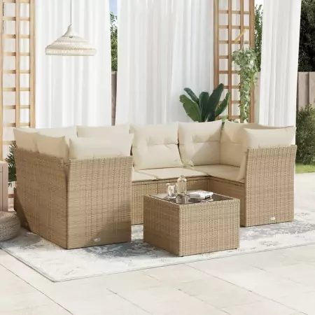 Set Divani da Giardino 7 pz con Cuscini Beige in Polyrattan