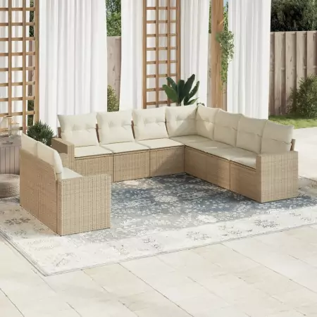 Set Divano da Giardino 9 pz con Cuscini Beige in Polyrattan