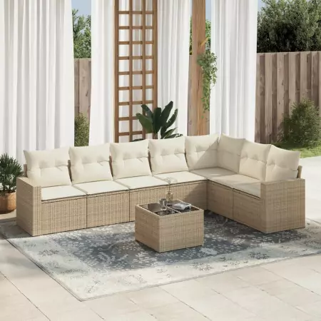 Set Divano da Giardino 8 pz con Cuscini Beige in Polyrattan