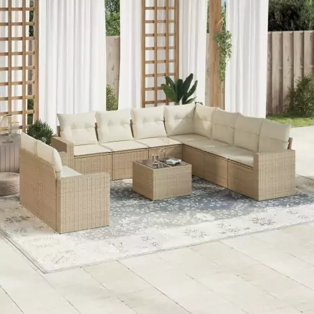 Set Divano da Giardino 10 pz con Cuscini Beige in Polyrattan