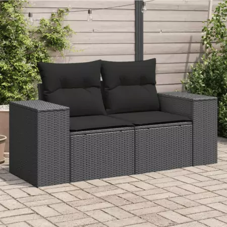 Divano da Giardino con Cuscini a 2 Posti Nero in Polyrattan