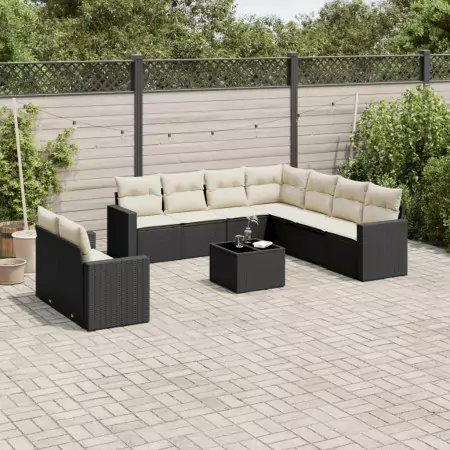 Set Divani da Giardino 10pz con Cuscini in Polyrattan Nero