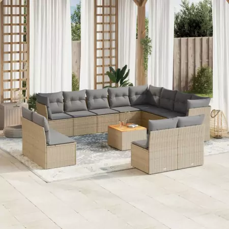 Set Divano da Giardino 13 pz con Cuscini Beige in Polyrattan