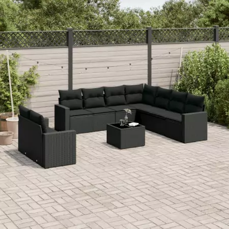 Set Divani da Giardino 10pz con Cuscini in Polyrattan Nero