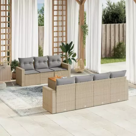 Set Divano da Giardino 8 pz con Cuscini Beige in Polyrattan