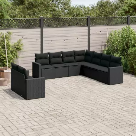 Set Divani da Giardino 9 pz con Cuscini Nero in Polyrattan