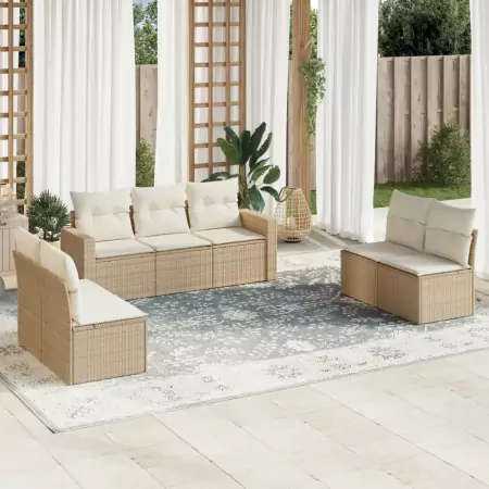 Set Divani da Giardino 7 pz con Cuscini Beige in Polyrattan