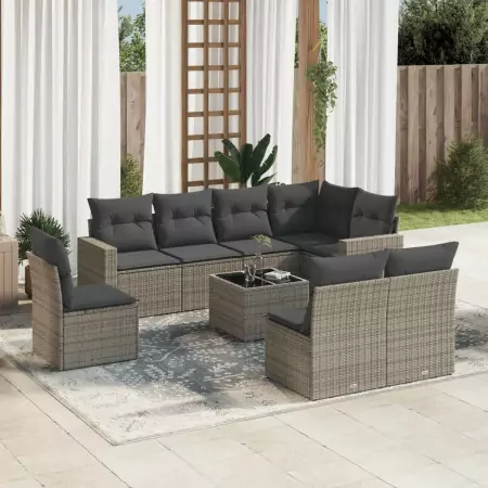 Set Divano da Giardino 9 pz con Cuscini Grigio in Polyrattan