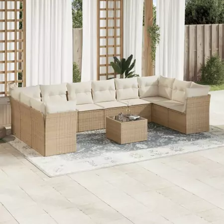 Set Divani da Giardino 11 pz con Cuscini Beige in Polyrattan