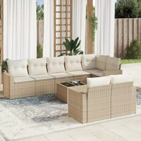 Set Divano da Giardino 9 pz con Cuscini Beige in Polyrattan