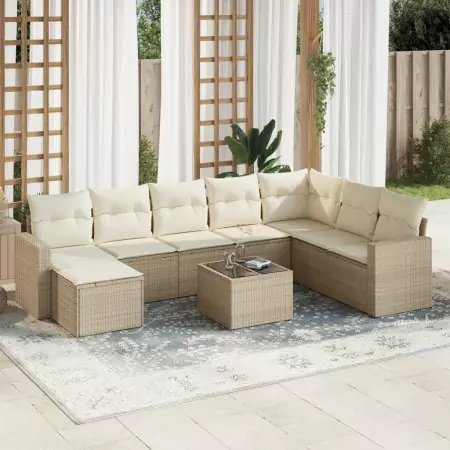 Set Divano da Giardino 9 pz con Cuscini Beige in Polyrattan