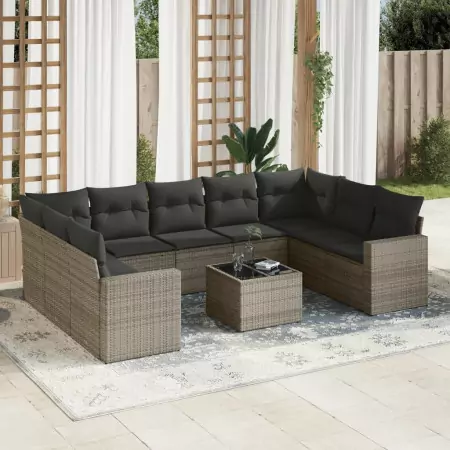 Set Divano da Giardino 10 pz con Cuscini Grigio in Polyrattan