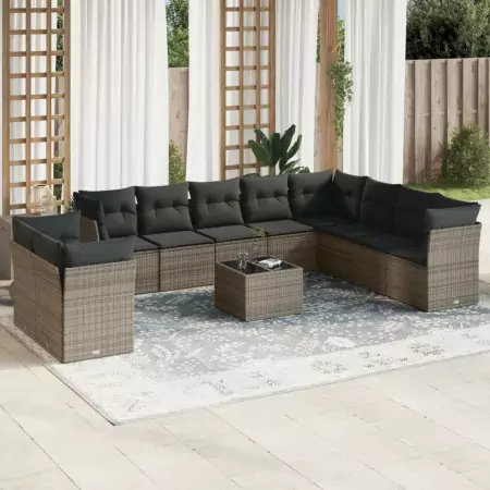 Set Divani da Giardino 11 pz con Cuscini in Polyrattan Grigio