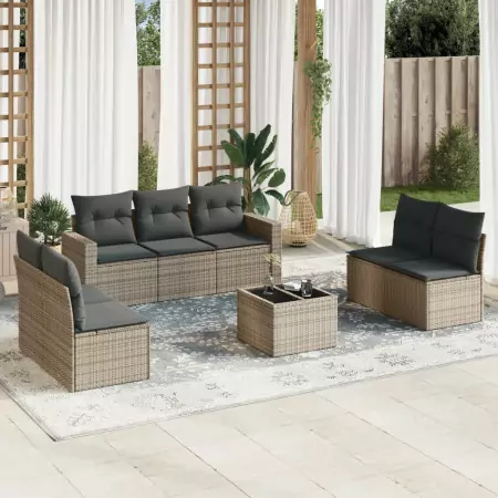 Set Divano da Giardino 8 pz con Cuscini Grigio in Polyrattan