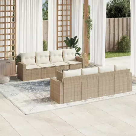 Set Divano da Giardino 9 pz con Cuscini Beige in Polyrattan